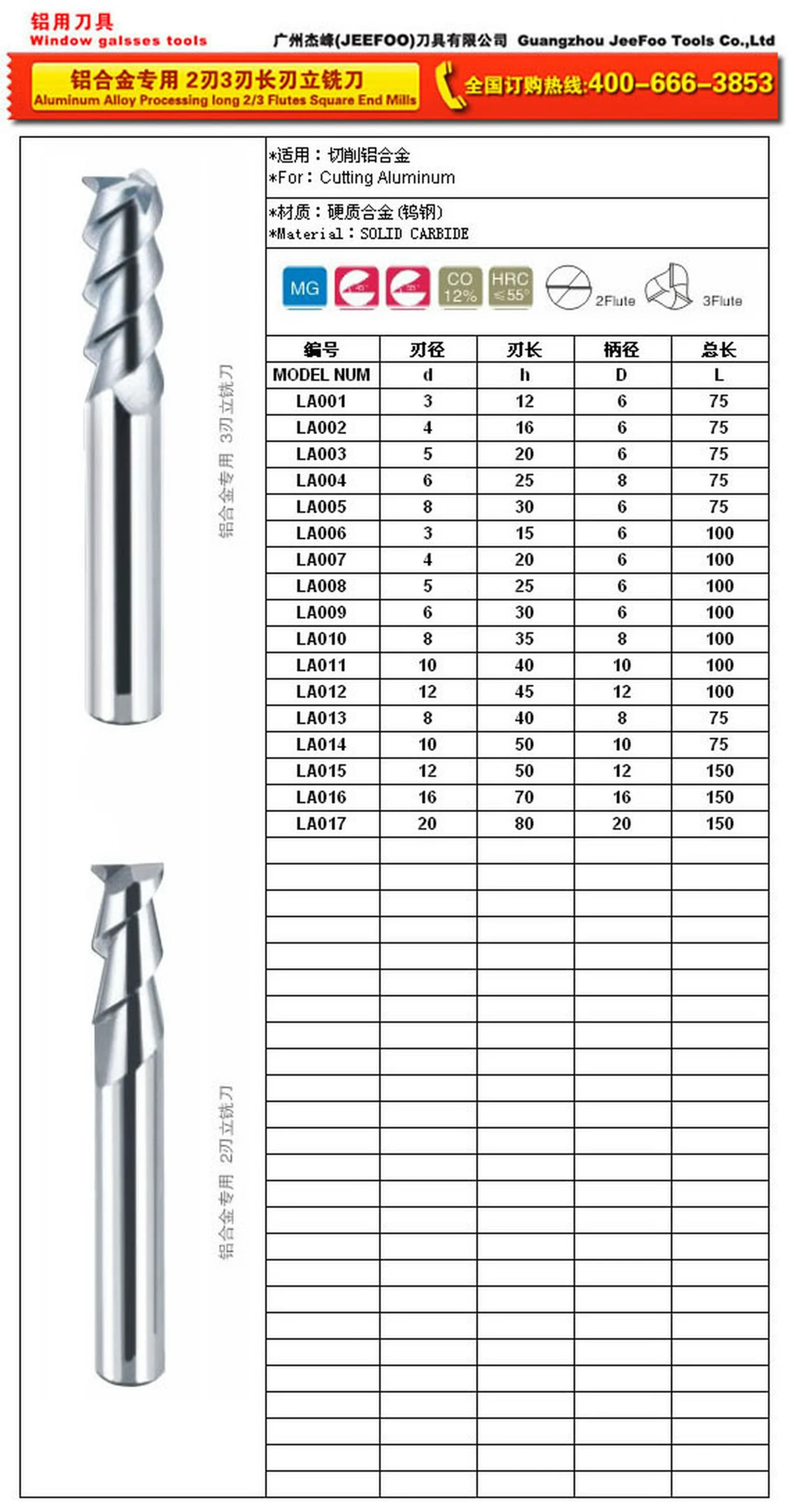 LA aluminum alloy processing 2 and 3 flutes square end mills specifications