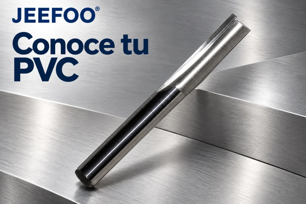 Fresa JEEFOO para fresado de PVC sobre placas, con el mensaje Conoce tu PVC