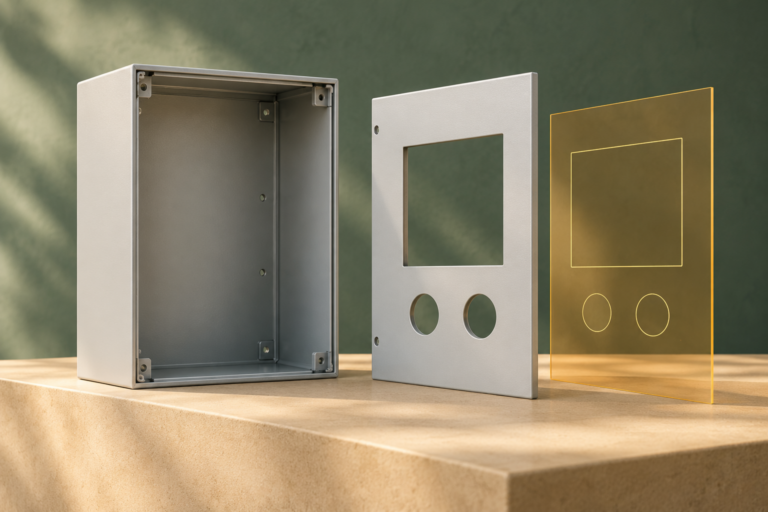 Ilustración de un armario vacío y su puerta mecanizada junto a una representación digital de las aberturas